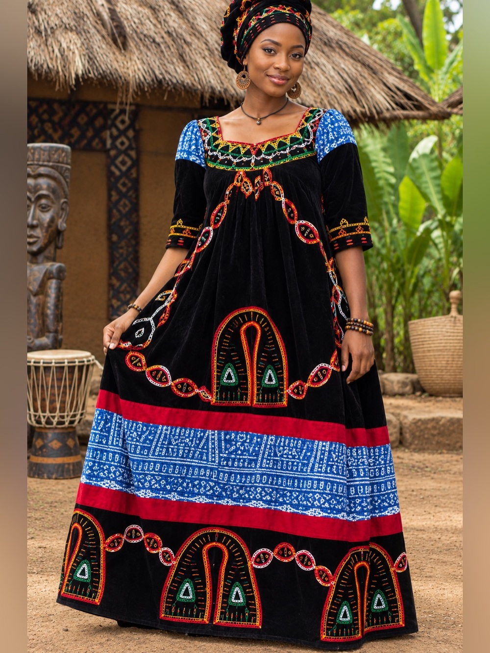 Handmade Women’s Cameroon Embroidered Toghu Bamileke Velvet Traditional Gown XL